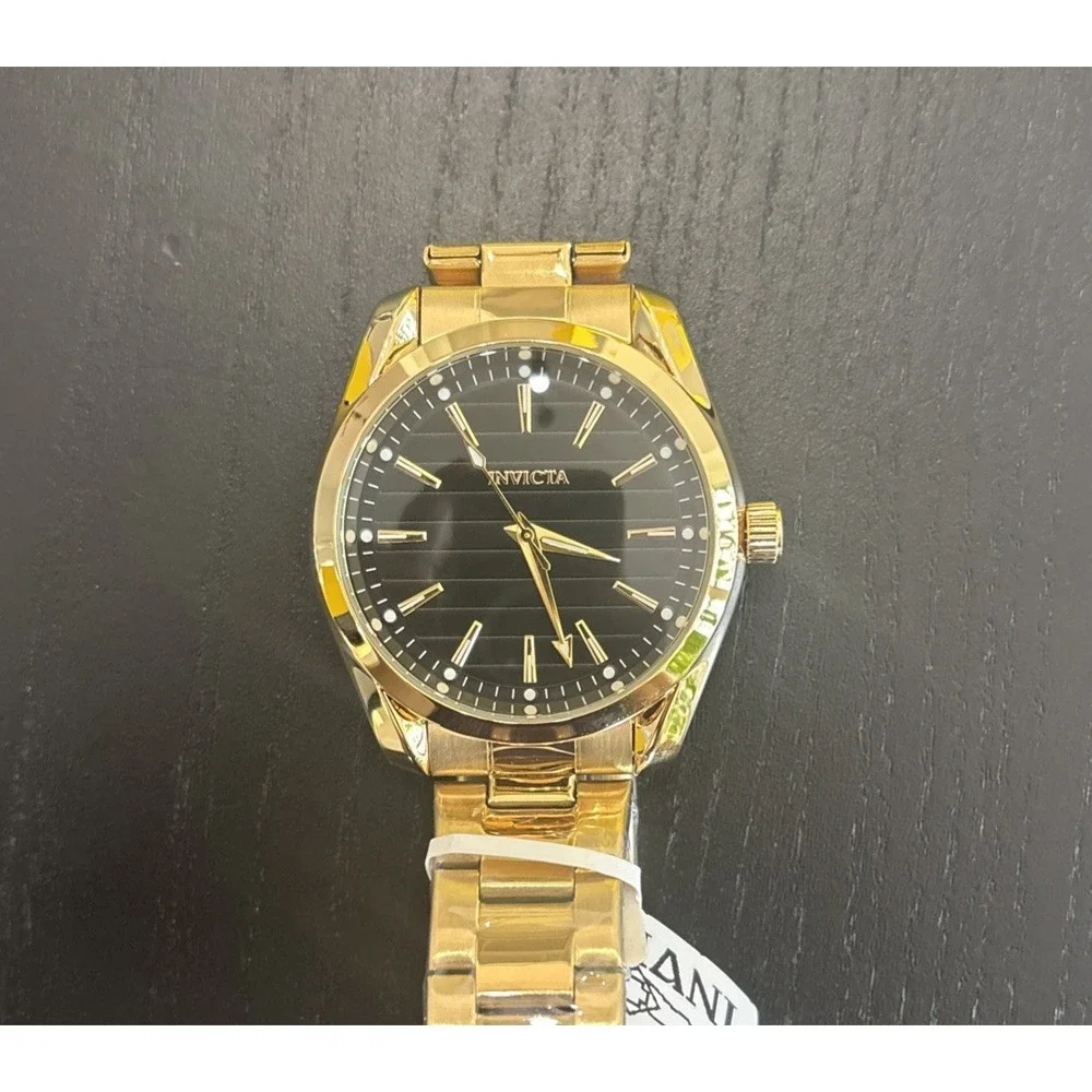 Invicta Quartz Gold Tone Black Dial Men's Wristwatch 42mm Water Resistant